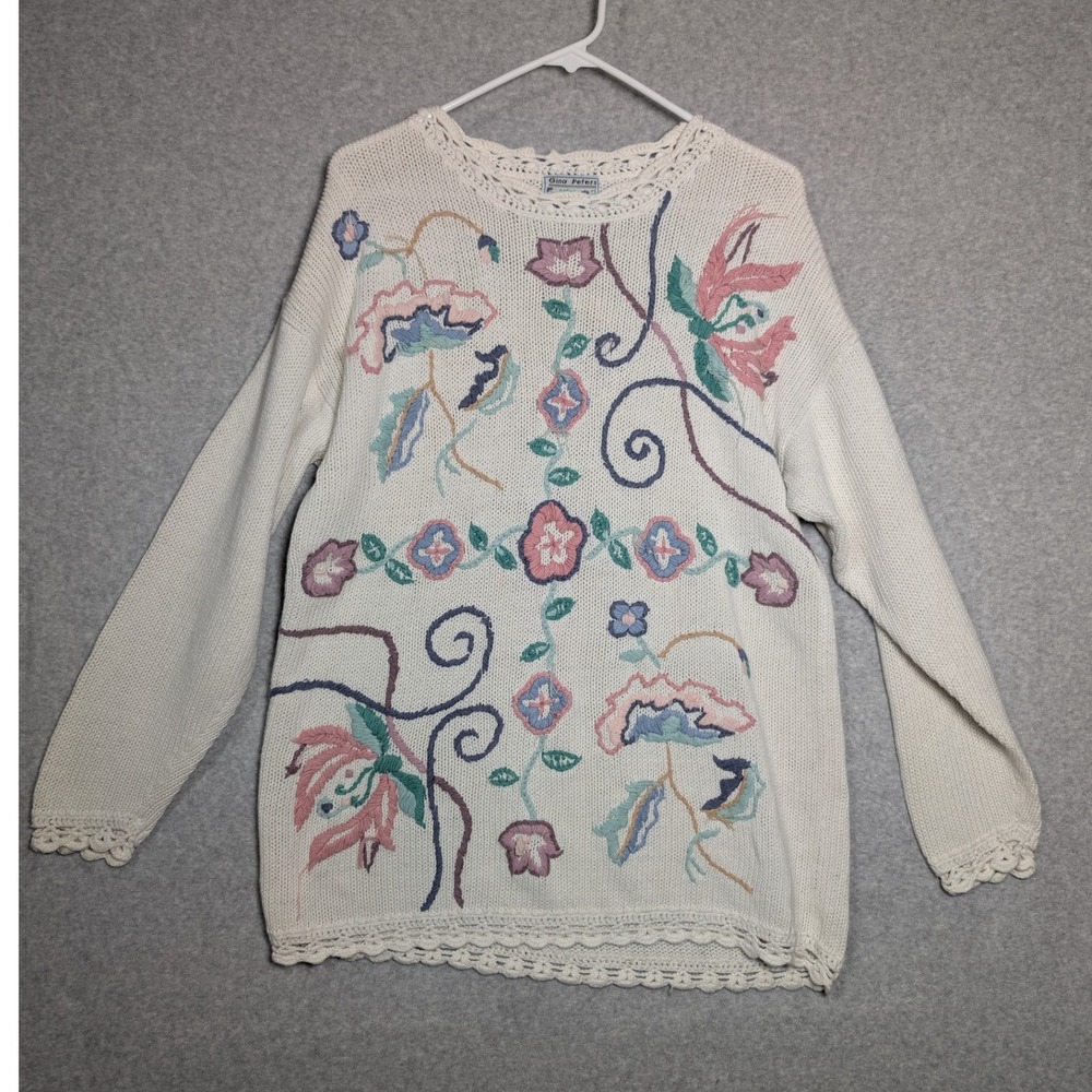 Gina Peters Vintage 90s Sweater Large Floral Embroidered Cottagecore Grannycore